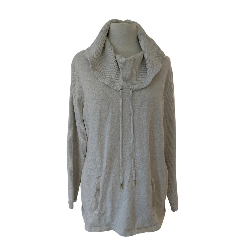 Karl Lagerfeld Paris Sweater Womens Beige Metallic Cowl Neck Drawstring Pockets